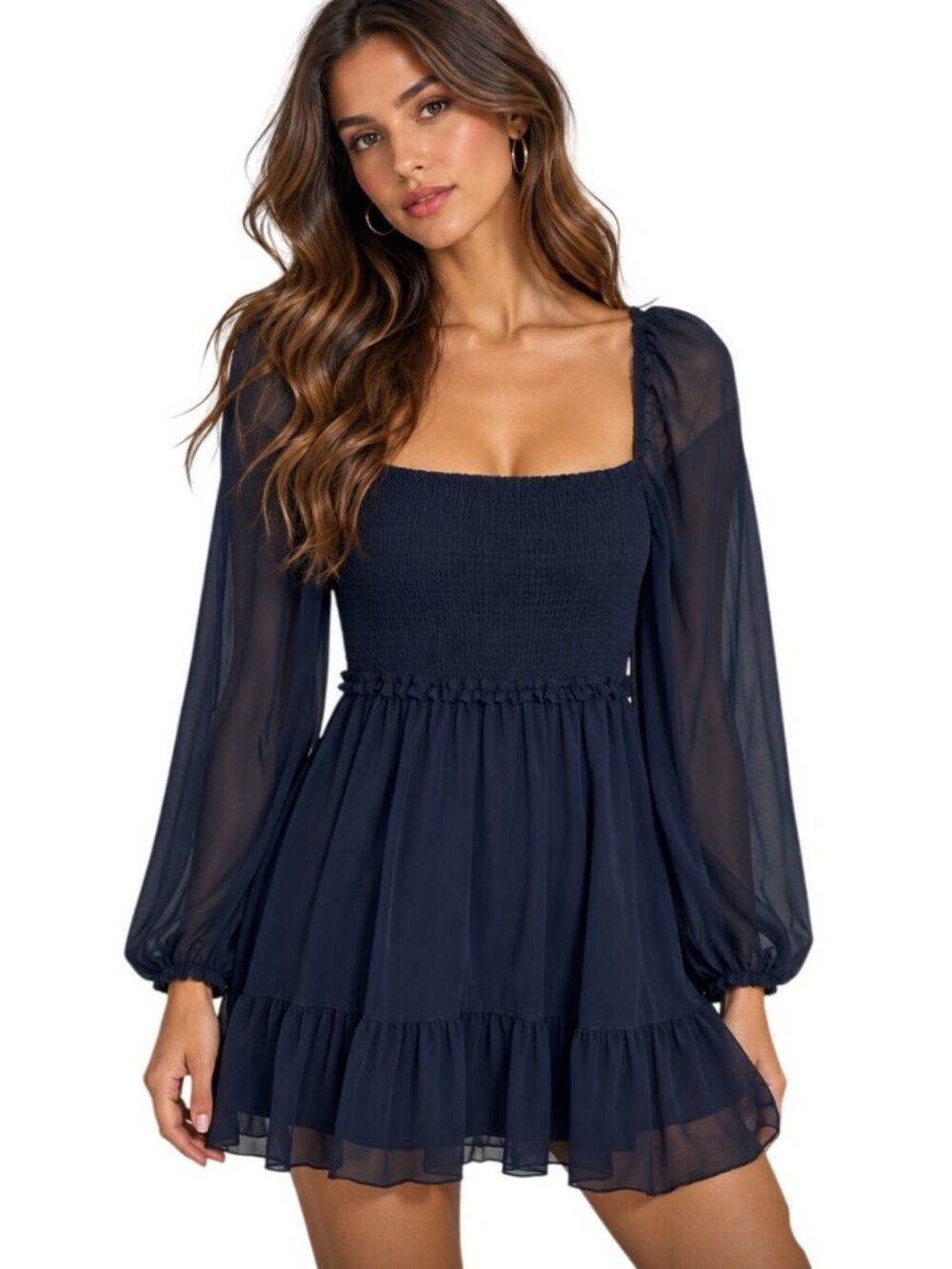Quince Chiffon Smocked Mini Dress Navy Blue NWT - Size L